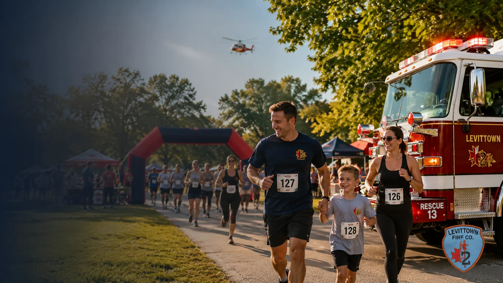 Family participating in the Levittown Fire Company 5K beside Rescue 13