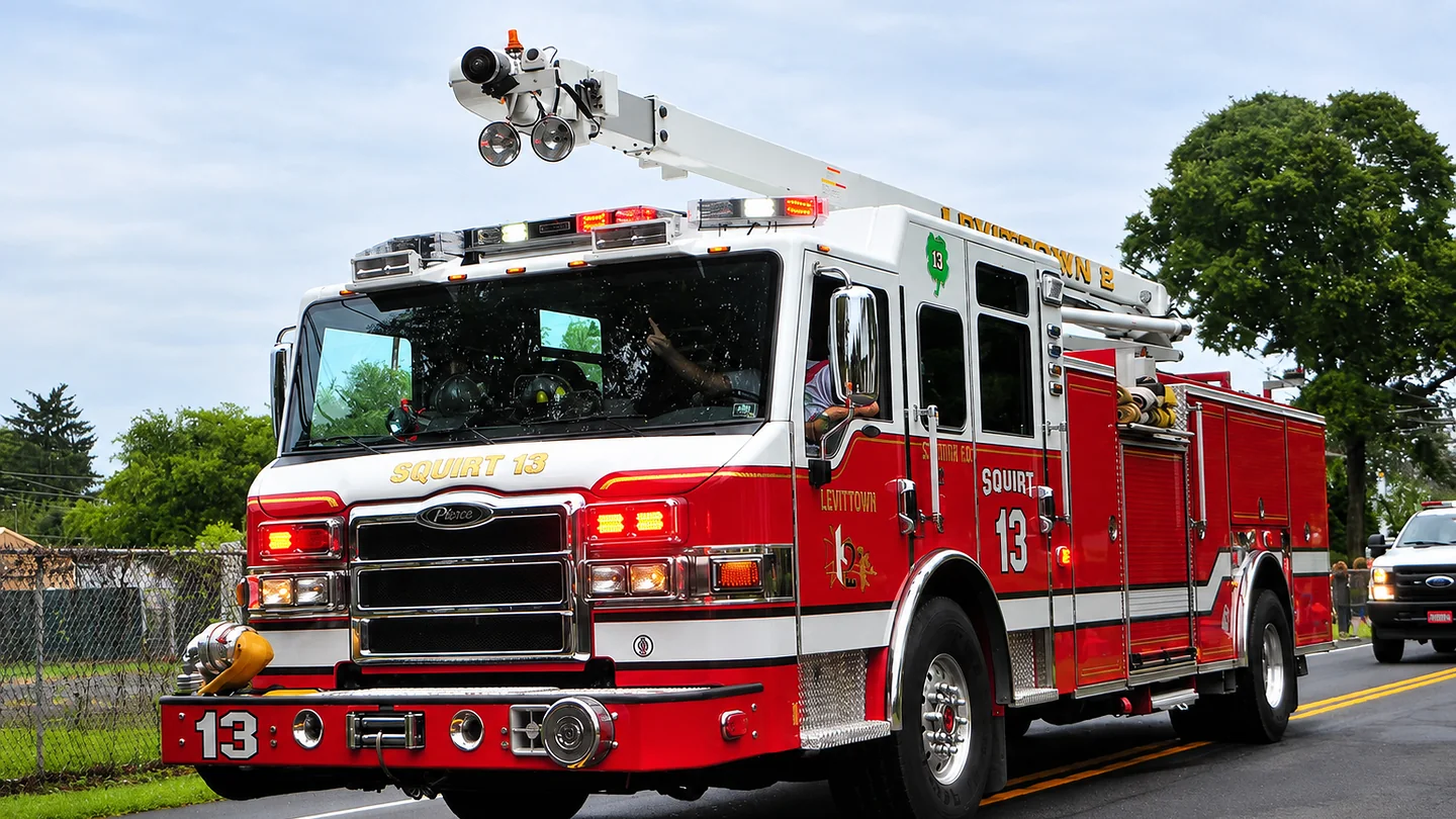 Squirt 13, a red-and-white Pierce fire apparatus with its elevated Snozzle boom raised